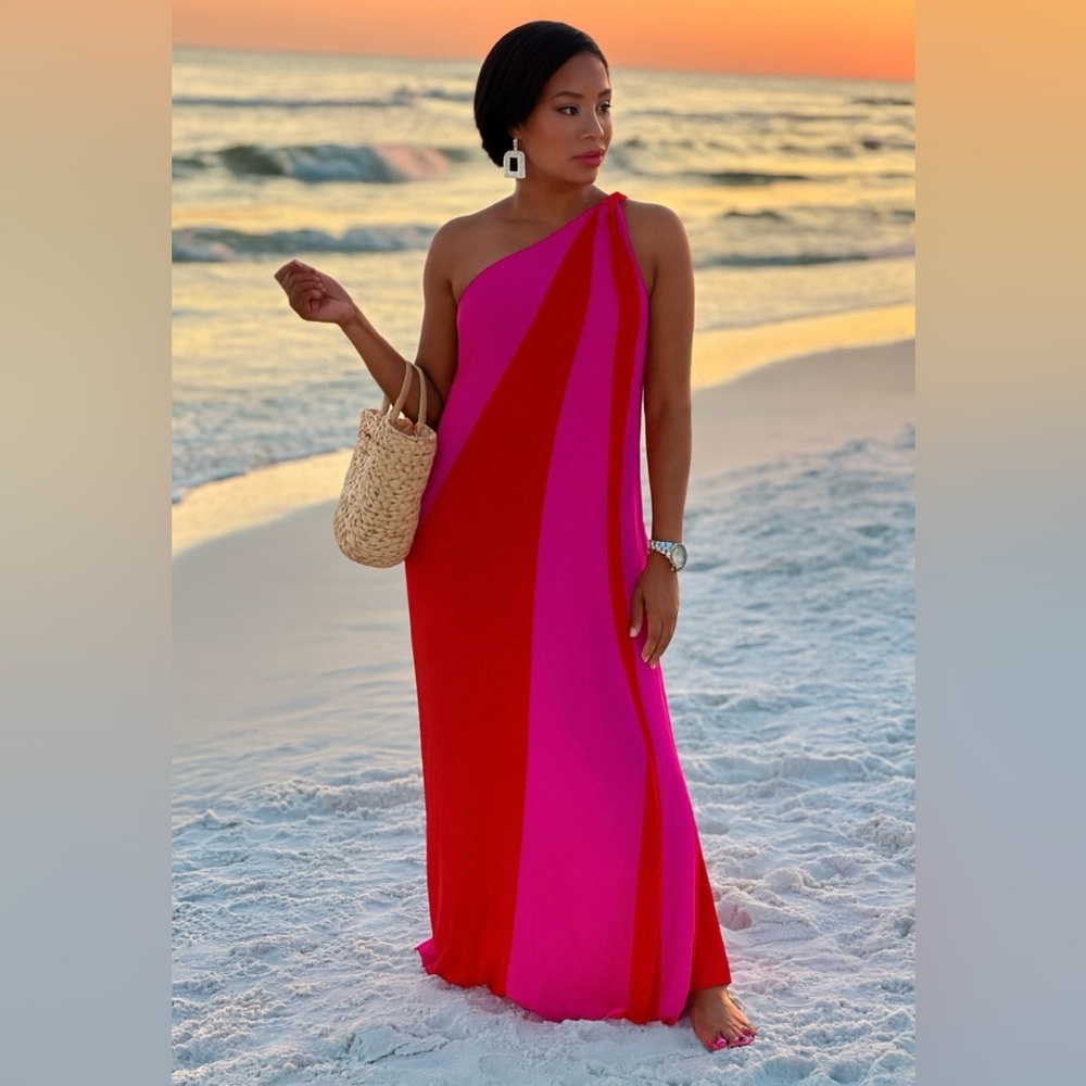 Caramela Halter Maxi Dress Pink Red Colorblock Resort Vacation Beach Size S
